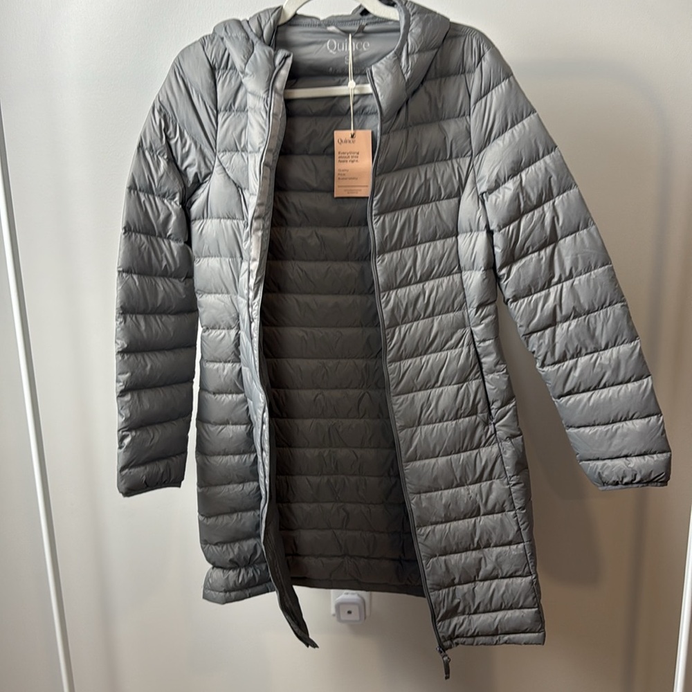 Quince Gray Hooded Puffer Coat Lightweight Down Long  Jacket NWT small - Picture 9 of 13